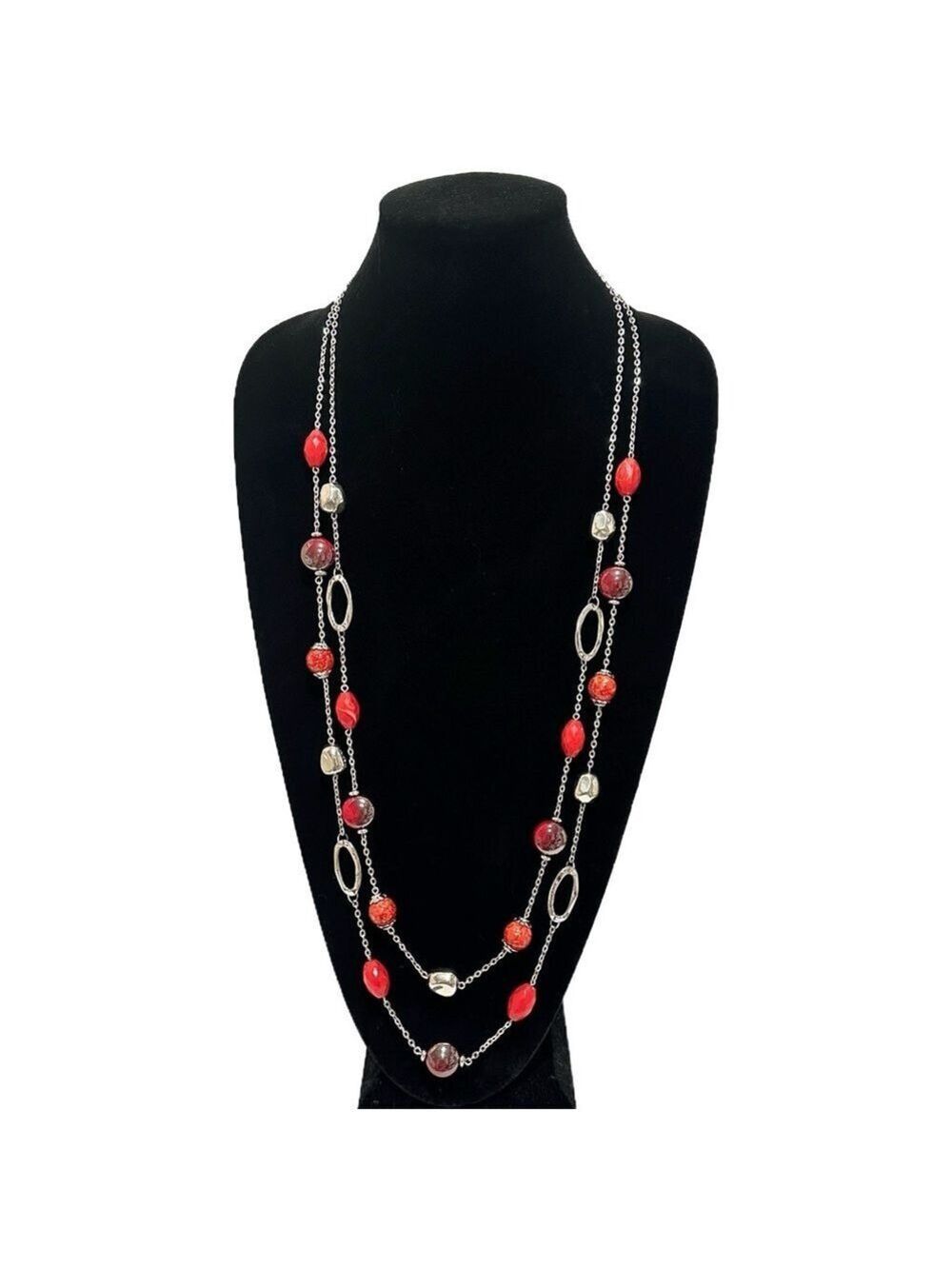 CHICO’s Crisp Cherry Red Beaded Silver-Tone Layered Long Station Necklace | NEW